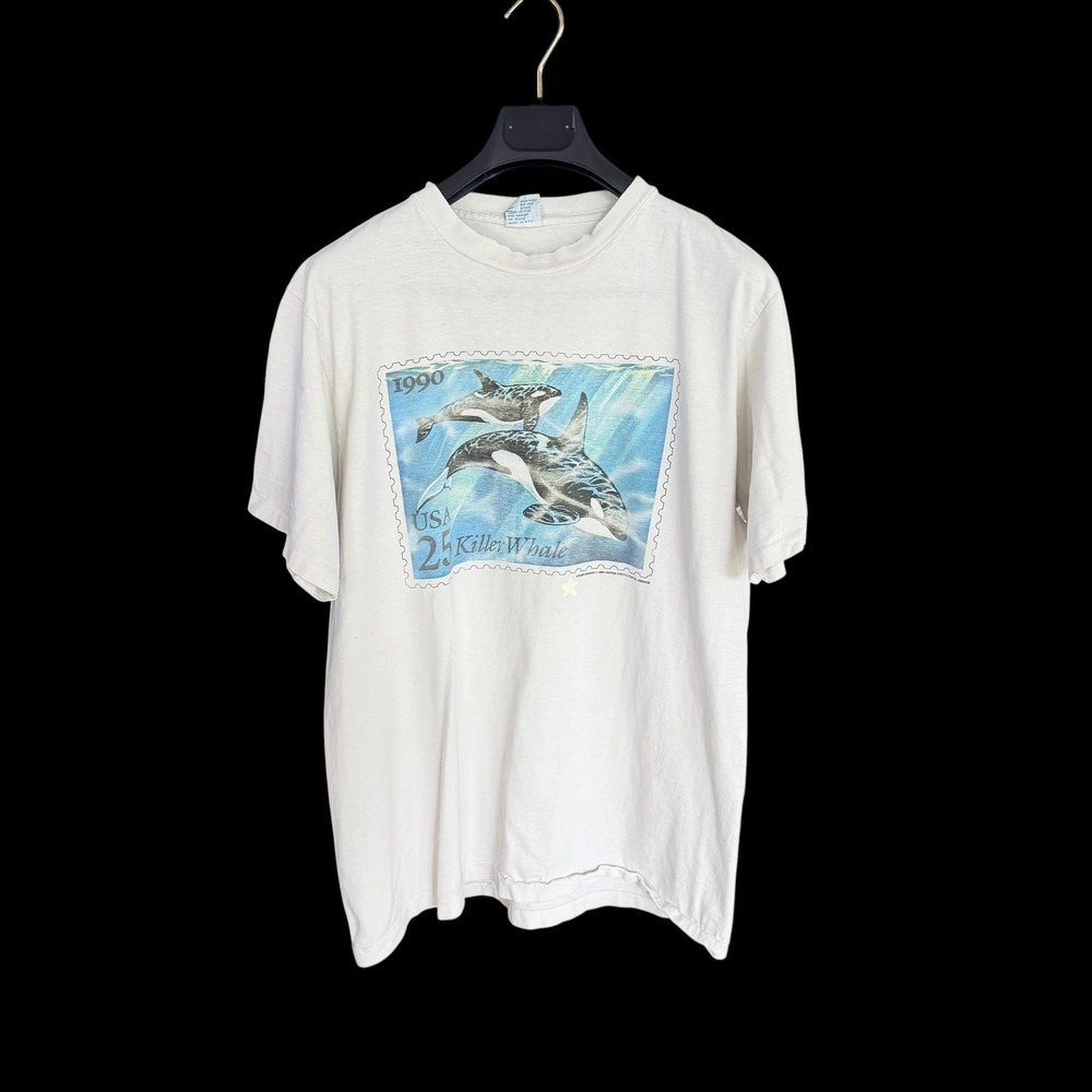 Vintage 1990 Alore USPS Killer Whale Stamp T-Shirt Mens XL White Single Stitch